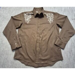 Level Ten men's brown western style shirt XL white details button up rodeo